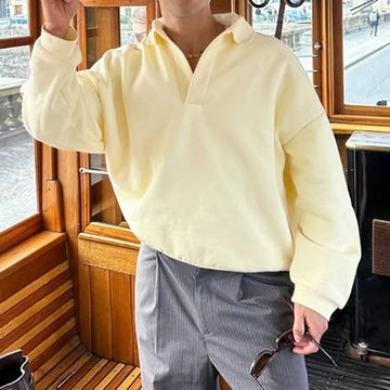 AIDASE  -  Long Sleeve Turn-down Collar Pullover Tops Men Vintage Solid Color Loose Sweatshirt 2025 Spring Autumn Trendy Men's Sweatshirts aidase-shop